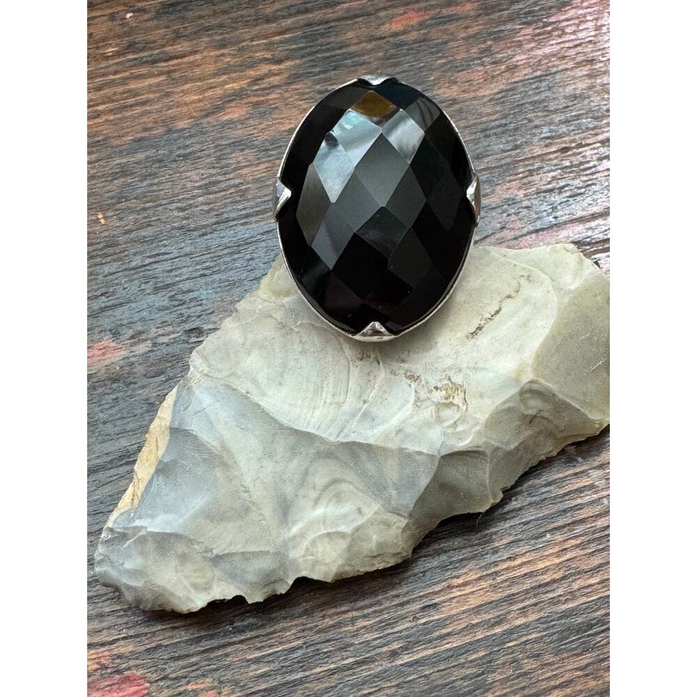 Black Onyx Obsidian Faceted Oval Sterling 925 Silver Open Shank Ring US Size 6